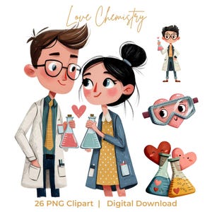 Puede incluir: Imagen de clipart digital con científicos de dibujos animados sosteniendo vasos de precipitados, corazones y gafas de laboratorio. El texto "Love Chemistry" está en la parte superior. También incluye el texto "26 PNG Clipart | Digital Download".