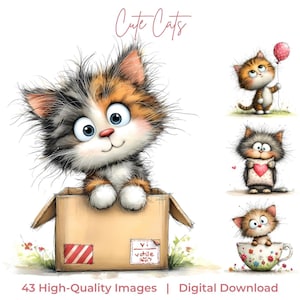 May include: A digital download image featuring several cartoon cats. One cat peeks out of a cardboard box, while others hold a balloon, a heart, and sit in a teacup. The text "Cute Cats" and "43 High-Quality Images | Digital Download" are also present.