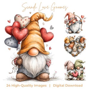 Peut inclure: Illustrations à l'aquarelle de gnomes Scandi Love. Un gnome tient des ballons en forme de cœur. D'autres images incluent un gnome avec un arc et des flèches, des gnomes en forme de cœur et deux gnomes tenant un cœur. Texte : 24 images de haute qualité | Téléchargement numérique.