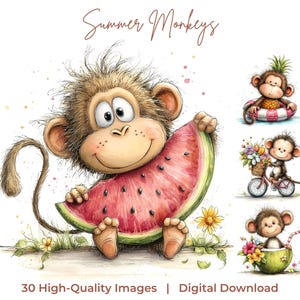Könnte beinhalten: Ein digitales Illustrationsset mit dem Titel Summer Monkeys zeigt einen großen Affen mit einer Wassermelone sowie drei kleine Affen mit Ananas-Schwimmring, Fahrrad mit Blumen und Kokosnuss. Text: 30 High-Quality Images.