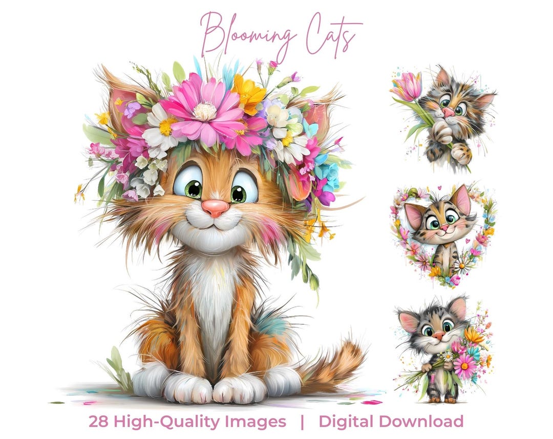 Floral Cat Clipart Bundle – Spring Kittens Watercolor (digital Download ...