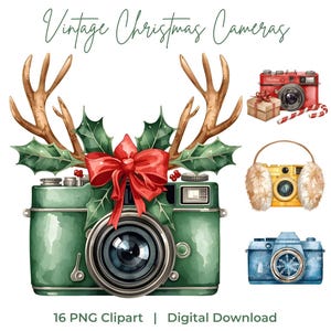 Puede incluir: Ilustración en acuarela de cámaras navideñas vintage. La cámara principal es verde, adornada con cuernos, acebo y un lazo rojo. Otras cámaras son rojas, amarillas y azules, con accesorios festivos. El texto dice "Vintage Christmas Cameras".