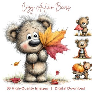 Op de afbeelding: Een digitale collectie getiteld Cozy Autumn Bears met illustraties van pluizige bruine beren. Eén beer houdt een groot oranje en rood esdoornblad vast. Andere beren worden getoond met een rode paddenstoel, een geruite deken en een pompoen in een kruiwagen.