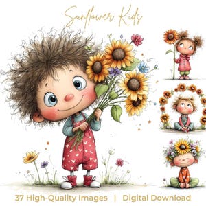 Op de afbeelding: Digitale illustratie van een stripfiguur dat een boeket zonnebloemen vasthoudt. Het kind draagt een rode overall met witte hartjes en rode laarzen. Andere afbeeldingen tonen kinderen met zonnebloemen. Tekst: "Sunflower Kids" en "37 High-Quality Images | Digital Download."