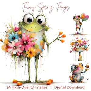Aquarell Frühling Frosch Clipart, lustige Kinder Illustrationen (digitaler Download)