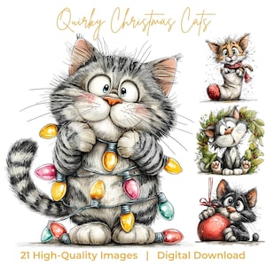 May include: Digital download featuring whimsical illustrations of Christmas cats. The main image shows a gray tabby cat wrapped in colorful Christmas lights. Other images include cats with festive accessories. Text reads "Quirky Christmas Cats" and "21 High-Quality Images | Digital Download."