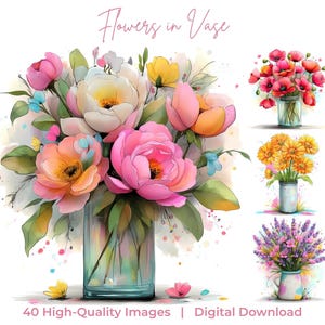 Watercolor Flowers Vase Clipart, Floral Bouquets Illustrations (Digital Download)