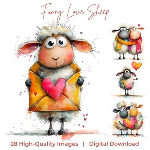 May include: Watercolor illustrations of sheep with hearts. One sheep holds an envelope with a heart, and others are in pairs or with heart-shaped balloons. The text "Funny Love Sheep" is at the top, and "28 High-Quality Images | Digital Download" is at the bottom.