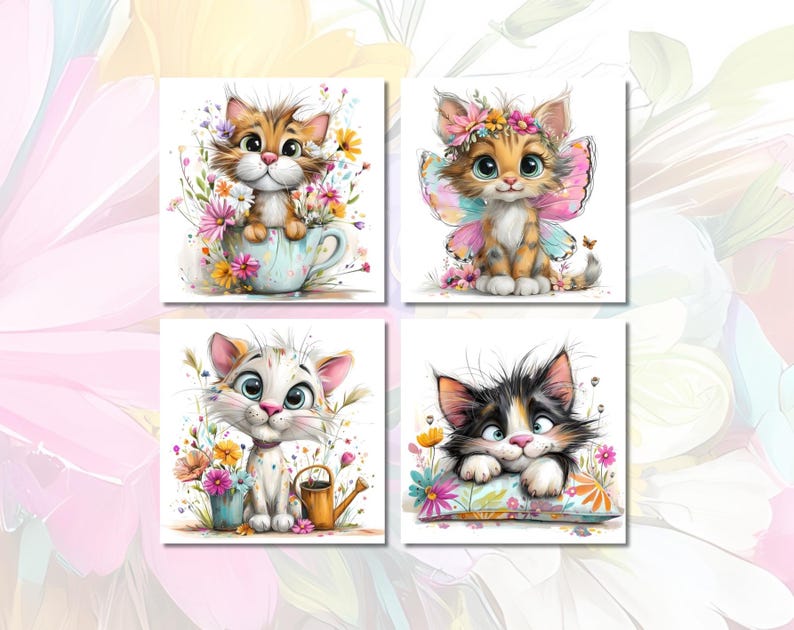 Floral Cat Clipart Bundle – Spring Kittens Watercolor (digital Download ...