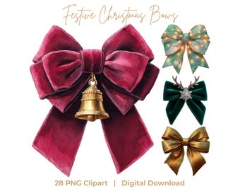 Watercolor Christmas Bows Clipart, Holiday Ribbon Bow PNG Set (Digital Download)