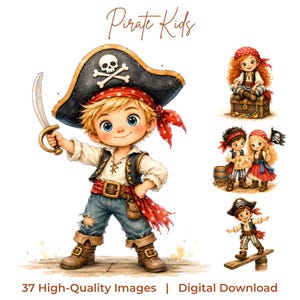 Può includere: Illustrazioni ad acquerello di bambini pirati. L'immagine principale mostra un ragazzino vestito da pirata, con una spada. Altre immagini mostrano bambini con abiti da pirata, forzieri e mappe. Il testo recita "Pirate Kids" e "37 High-Quality Images | Digital Download".