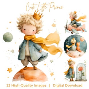 Könnte beinhalten: Aquarellillustrationen mit einem niedlichen kleinen Prinzen mit goldener Krone und Schal. Der Prinz wird auf einem Planeten, in einem Flugzeug und mit einem Fuchs dargestellt. Der Text lautet "Cute Little Prince" und "23 High-Quality Images | Digital Download."
