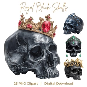 Op de afbeelding: Een verzameling zwarte schedel illustraties, elk versierd met een andere kroon. Eén schedel draagt een gouden kroon met rode edelstenen, anderen hebben kronen met blauwe en groene juwelen. De tekst "Royal Black Skulls" staat bovenaan.