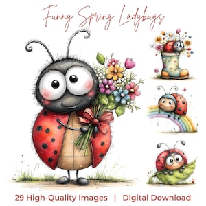 Könnte beinhalten: Aquarellillustrationen von skurrilen Marienkäfern. Ein Marienkäfer hält einen Blumenstrauß, andere sind auf einem Regenbogen und einem Blatt dargestellt. Der Text "Funny Spring Ladybugs" und "29 High-Quality Images | Digital Download" ist ebenfalls vorhanden.