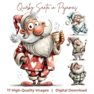 Puede incluir: Descarga digital con ilustraciones caprichosas de Papá Noel en pijama. La imagen principal muestra a Papá Noel con un conjunto de pijama rojo y blanco con estampado de corazón, sosteniendo una taza. Imágenes adicionales muestran a Papá Noel con varios conjuntos de pijama. El texto dice "Quirky Santa in Pajamas".