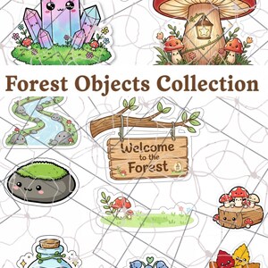 Peut inclure: Une collection d'autocollants sur le thème de la forêt. Les autocollants comprennent un cristal, une maison champignon, un gland, une rivière, une pancarte "Bienvenue dans la forêt", un rocher, un champignon, une bûche avec des champignons, une potion, des clochettes et un arbre aux feuilles d'automne.