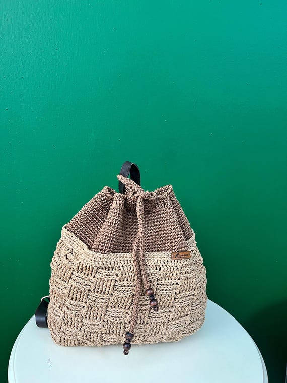Handmade Crochet Backpack – Eco Paper Yarn, Faux Leather  display picture 1