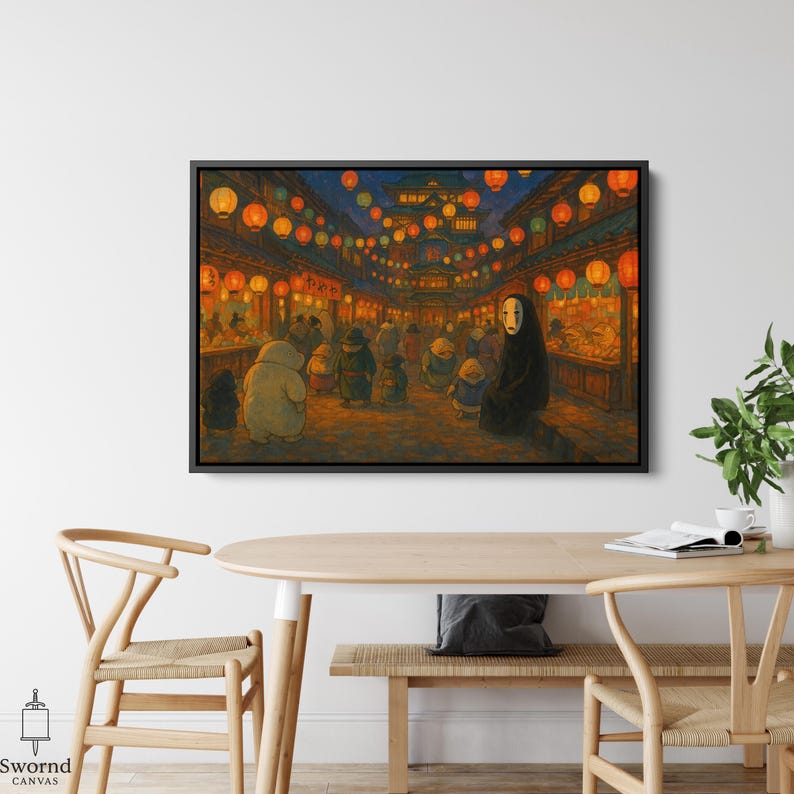 May include: A framed canvas print depicts a vibrant night market scene. The artwork features a variety of figures, illuminated by glowing orange lanterns strung across the street. The color palette includes warm oranges, yellows, and deep blues, creating a captivating atmosphere.