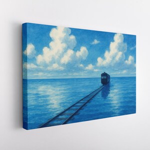 May include: Canvas art print depicting a train traveling on tracks across a vast blue ocean. The sky is a bright blue with fluffy white clouds. The train is a dark color, and the artwork is mounted on a canvas.