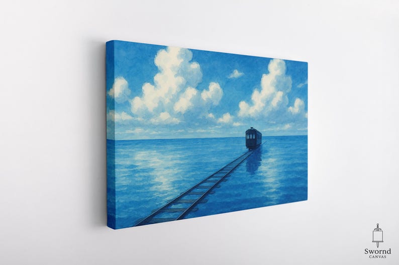 May include: Canvas art print depicting a train traveling on tracks across a vast blue ocean. The sky is a bright blue with fluffy white clouds. The train is a dark color, and the artwork is mounted on a canvas.