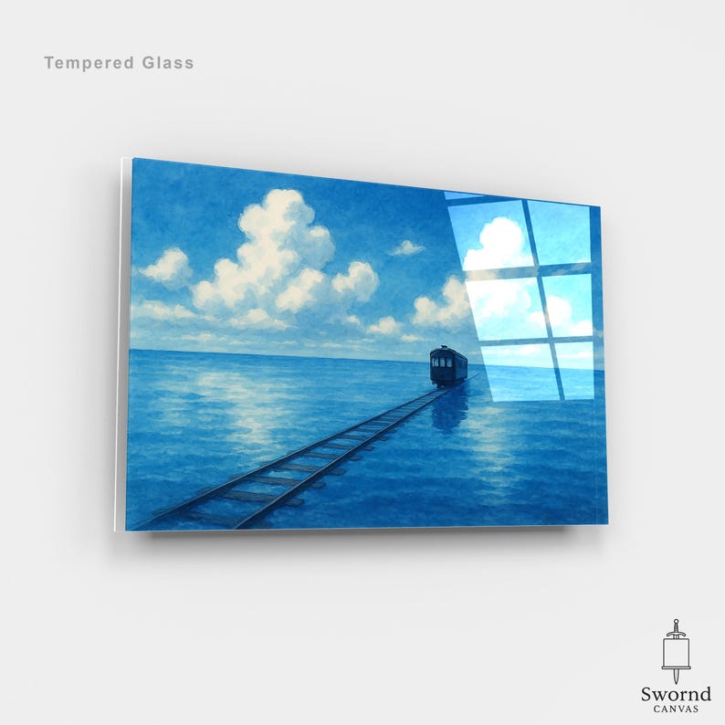 May include: A tempered glass art piece featuring a train on tracks extending across a blue ocean under a cloudy sky. The artwork has a reflective surface, with the text "Tempered Glass" visible at the top.
