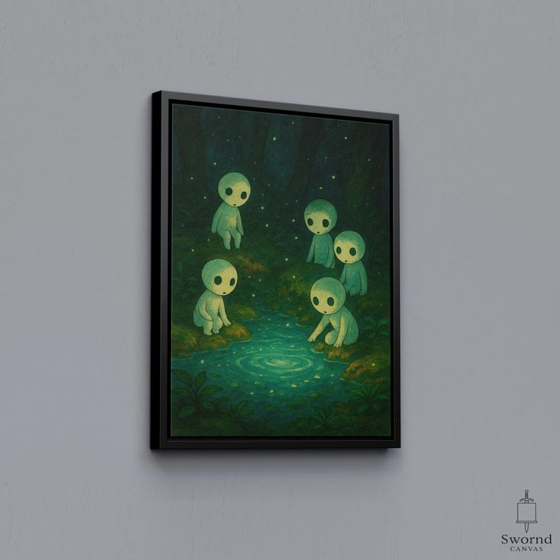 May include: A framed canvas print depicting five luminous, humanoid figures around a pool of water in a forest. The artwork has a dark, ethereal quality with a starry night sky. The figures appear to be observing the water.