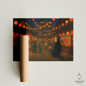 May include: A rolled-up poster featuring a detailed illustration of a bustling night market scene. The artwork showcases a variety of figures, illuminated by vibrant red and yellow lanterns. A character with a white mask and black robe stands out.