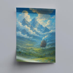 May include: A canvas print of a landscape painting featuring a mountain range, clouds, and a moving structure. The artwork is dominated by shades of blue, green, and white, with a touch of yellow. The print is mounted on a white wall.