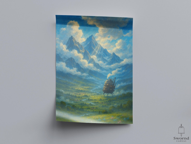 May include: A canvas print of a landscape painting featuring a mountain range, clouds, and a moving structure. The artwork is dominated by shades of blue, green, and white, with a touch of yellow. The print is mounted on a white wall.