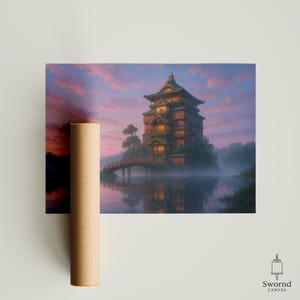 May include: A print of a Japanese-style building with a red bridge over water, set against a pink and purple sunset sky. The building is multi-storied with lit windows. A rolled-up poster is in the foreground.