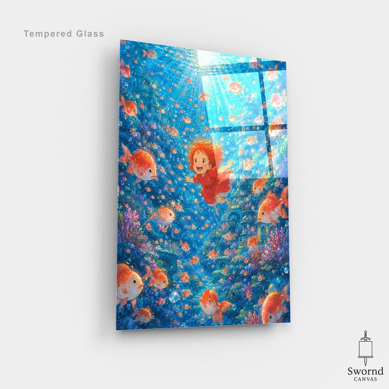 May include: A rectangular tempered glass wall art piece featuring a vibrant underwater scene with a small orange-haired character in a red dress swimming among numerous orange goldfish and colorful coral reefs under bright blue water.
