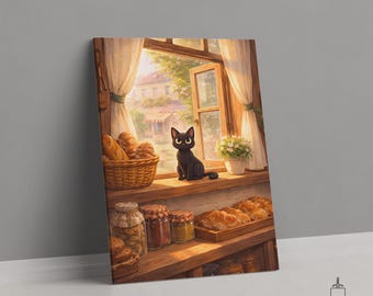 Jiji Bakery Window Print, Kiki's Delivery Service Poster, Anime Cat Canvas, Ghibli Art Gift, Wall Art for Cat Lovers