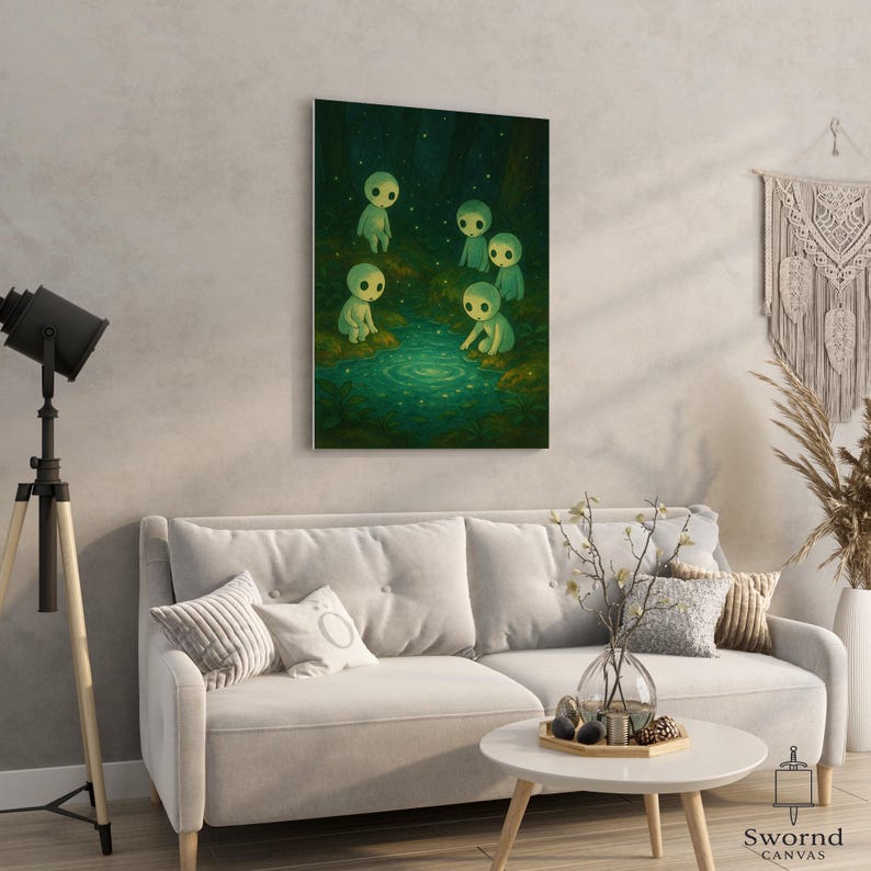 May include: Canvas art print showing a fantastical forest scene. The artwork features several glowing, humanoid figures around a shimmering pool of water. The color scheme is mainly greens and blues, creating a magical atmosphere.