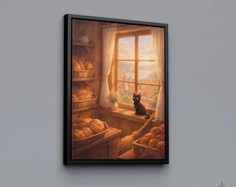 Jiji Window Print, Kiki’s Delivery Service Poster Print, Ghibli Wall Art, Cozy Anime Canvas, Cat Lover Gift, Bakery Decor, Fantasy Print