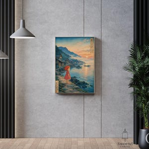 May include: A rectangular wall art print featuring a stylized illustration of a small child in a red dress standing on a stone path by the sea at sunset. The scene includes mountains, small boats, and Japanese text characters along the vertical edges.