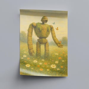 May include: A canvas print depicting a robot-like figure in a field of flowers. The robot is covered in foliage, with butterflies nearby. The artwork has a soft, painterly style and a warm colour palette, evoking a sense of peace.