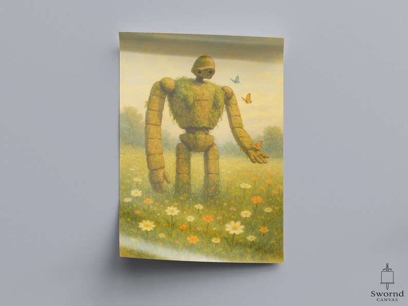 May include: A canvas print depicting a robot-like figure in a field of flowers. The robot is covered in foliage, with butterflies nearby. The artwork has a soft, painterly style and a warm colour palette, evoking a sense of peace.