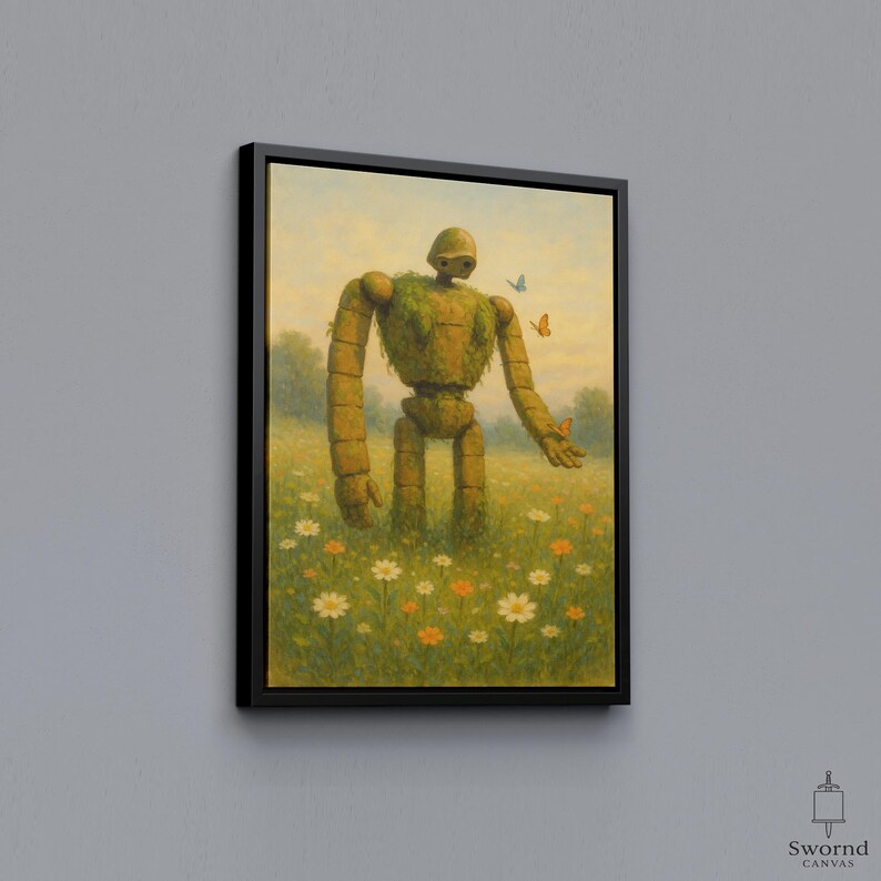 May include: A framed canvas print showing a robot-like figure in a field of wildflowers. The robot is covered in greenery, with butterflies fluttering around it. The artwork has a soft, painterly style, with a warm colour palette of greens, yellows, and blues.