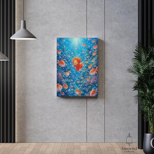 May include: A rectangular canvas wall art print featuring a vibrant underwater scene with a central figure in a red dress surrounded by numerous orange goldfish swimming in deep blue water with light filtering from above, displayed on a gray wall.