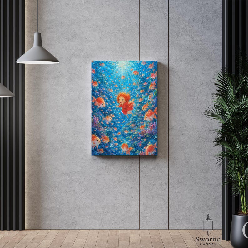 May include: A rectangular canvas wall art print featuring a vibrant underwater scene with a central figure in a red dress surrounded by numerous orange goldfish swimming in deep blue water with light filtering from above, displayed on a gray wall.