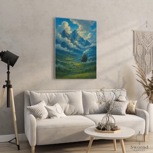 May include: A canvas print depicting a fantasy landscape with mountains, clouds, and a moving structure. The artwork features a color palette of blues, greens, and yellows, creating a serene and imaginative scene. The canvas is displayed above a white sofa.