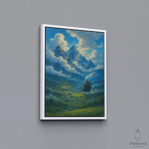 May include: A framed canvas print featuring a landscape painting. The artwork depicts a mountain range under a cloudy blue sky, with a whimsical, moving structure in the valley below. The painting is in a fantasy style.