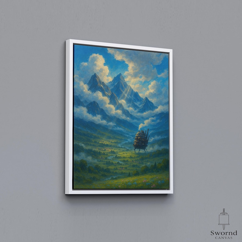 May include: A framed canvas print featuring a landscape painting. The artwork depicts a mountain range under a cloudy blue sky, with a whimsical, moving structure in the valley below. The painting is in a fantasy style.