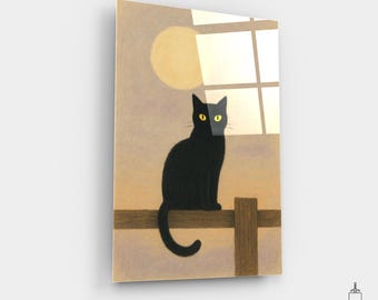 Black Cat Poster, Halloween Wall Art Print, Mystical Animal Canvas, Full Moon Cat Painting, Dark Decor, Black Cat Canvas Print,