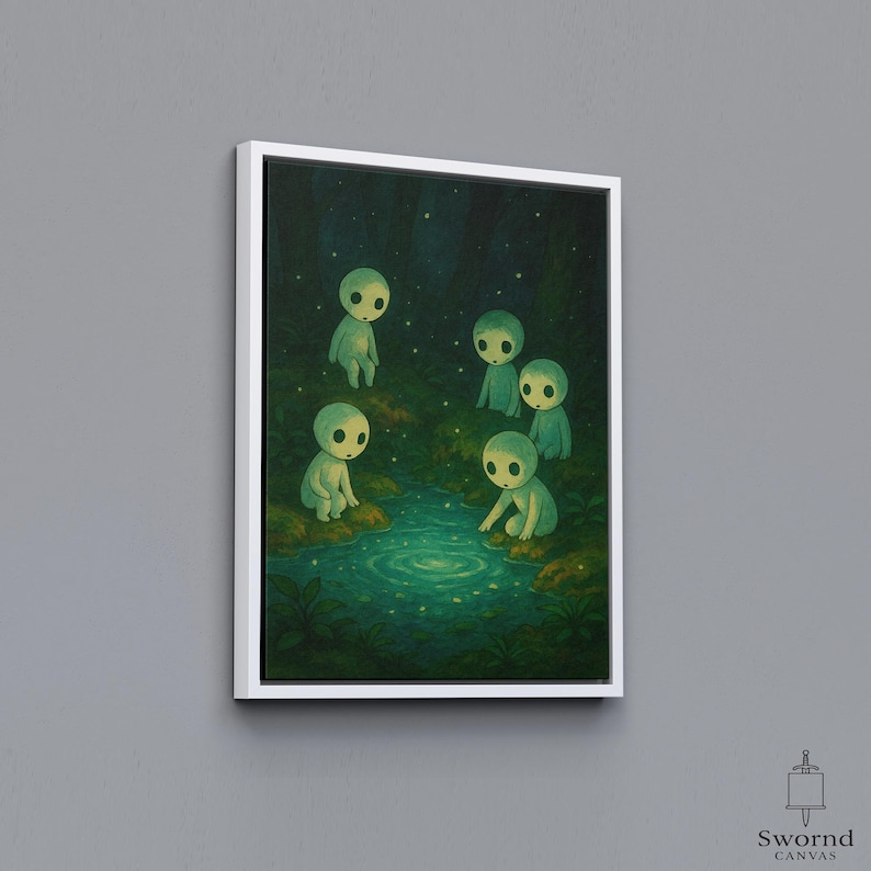 May include: A framed canvas art print shows five small, pale green figures around a shimmering pool in a dark forest. The figures have large, oval eyes, surrounded by green foliage and a starry night sky. The artwork is framed in white.