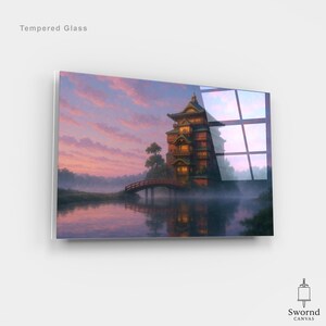 May include: Tempered glass art print featuring a Japanese-style building with a red bridge over a lake. The artwork showcases a sunset with pink and purple hues, creating a serene and atmospheric scene. The text "Tempered Glass" is visible.