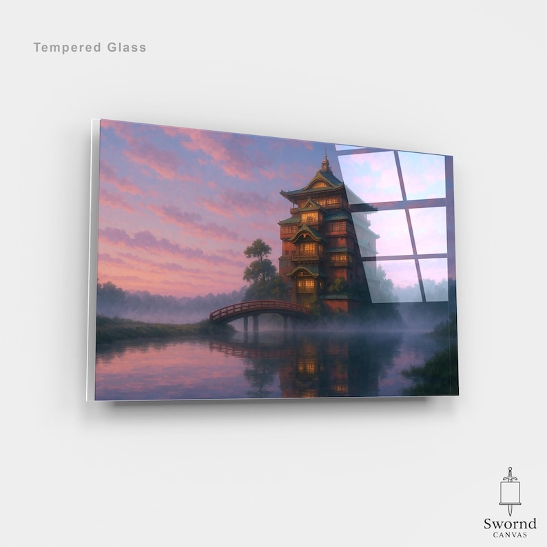 May include: Tempered glass art print featuring a Japanese-style building with a red bridge over a lake. The artwork showcases a sunset with pink and purple hues, creating a serene and atmospheric scene. The text "Tempered Glass" is visible.