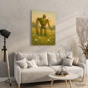 May include: A canvas print depicting a large, stylized robot in a field of wildflowers. The robot is mainly tan and green, with a weathered look. Butterflies are seen, and the background is a soft, yellow-toned sky.