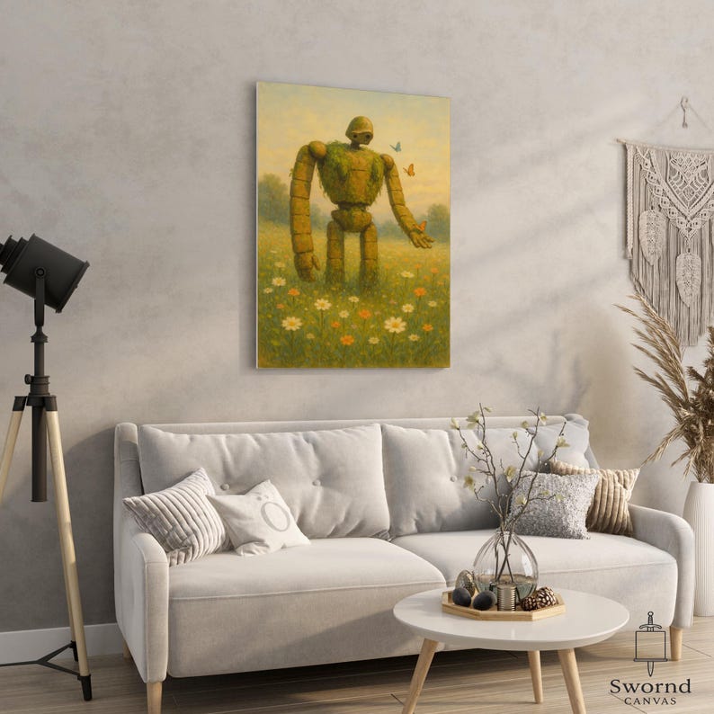 May include: A canvas print depicting a large, stylized robot in a field of wildflowers. The robot is mainly tan and green, with a weathered look. Butterflies are seen, and the background is a soft, yellow-toned sky.