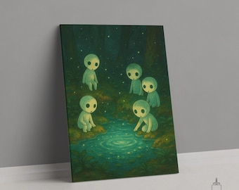 Kodama Forest Spirits Print, Princess Mononoke Canvas, Studio Ghibli Style Poster, Fantasy Wall Art Gift